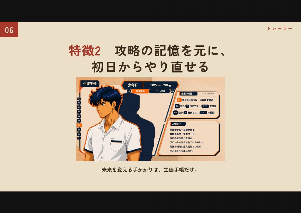 特徴2 攻略の記憶を元に、初日からやり直せる